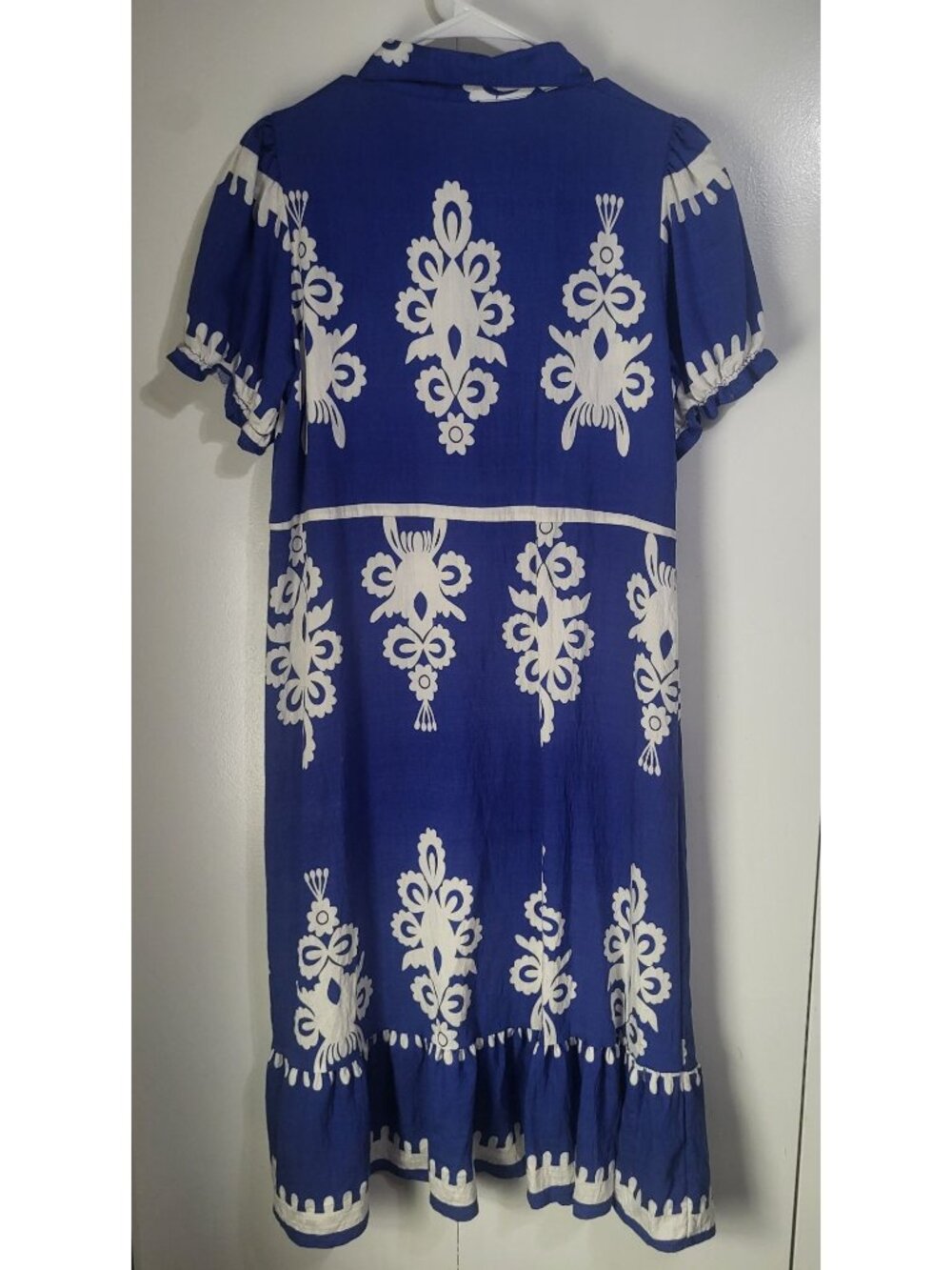 Kindred Womens Small Blue White Midi Dress Boho Abstract Print Ruffle Hem - Picture 2 of 7